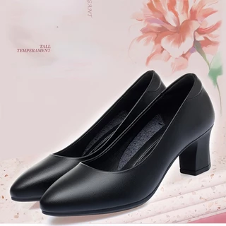 size 36-40 รองเท้าทำงานหนังนิ่มผู้หญิง ส้นกลาง สีดำ ส้นหนา 4cm ใส่ได้ทุกฤดู