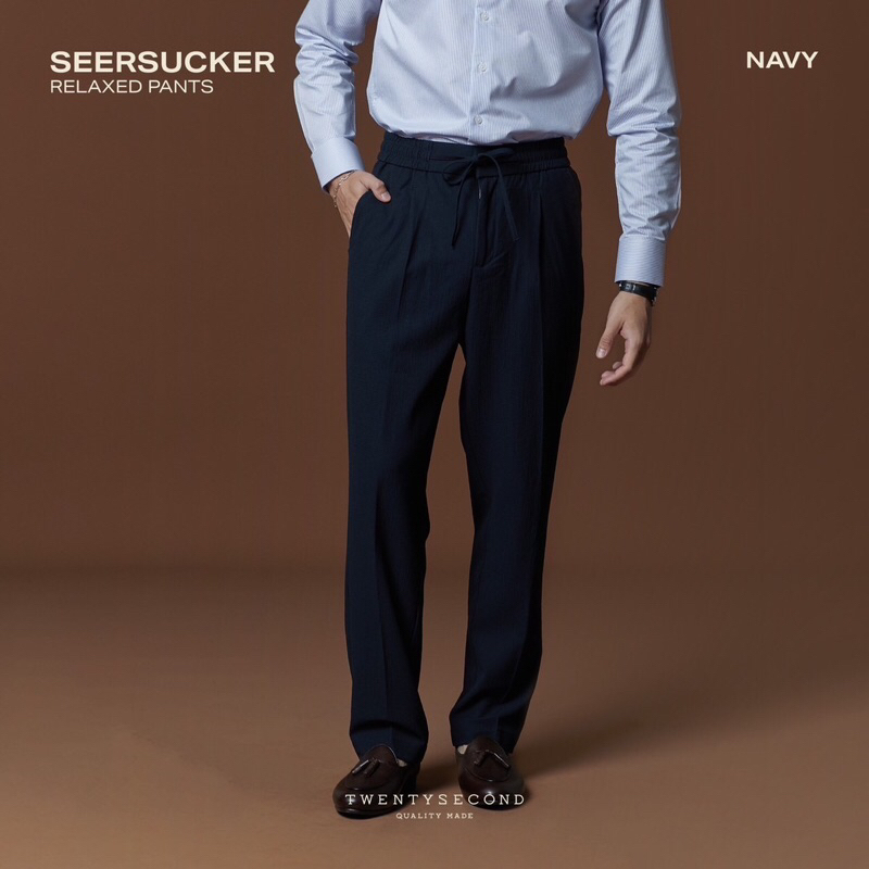 TWENTYSECOND กางเกงขายาว ผ้า Seersucker เอวยางยืด รุ่น Seersucker Relaxed Pants - กรม / Navy