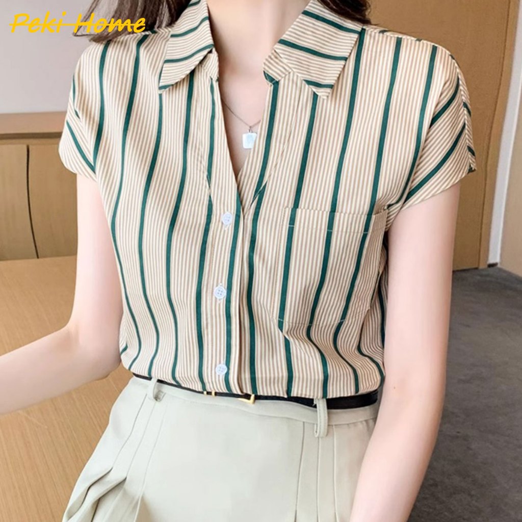 พร้อมส่ง เสื้อเชิ้ตแขนสั้นคอวีลายทาง ผ้าชีฟอง สำหรับสาวสไตล์แฟชั่น
