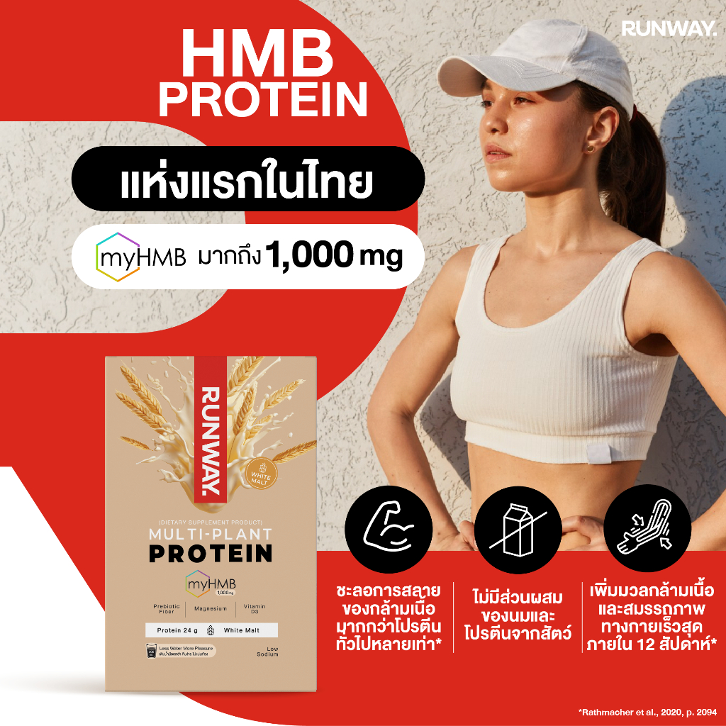 โปรตีนพืช RUNWAY HMB Protein ชะลอกล้ามเนื้อสลาย โปรตีนพืช โซเดียมต่ำ รส Malt 1 กล่อง 7 ซอง