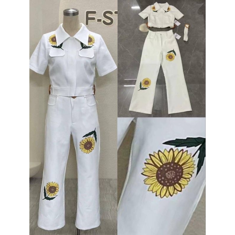 270💘มีS,3xl,5xl,7xl📌[เอวใหญ่1"]เซตกางเกงขายาวลายทานตะวัน3ชิ้นพร้อมเข็มขัด
