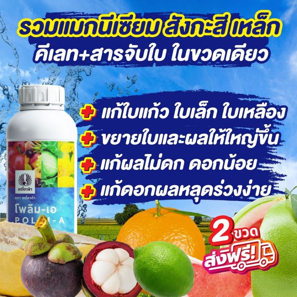 ปุ๋ยน้ำธาตุรองเสริม แมกนีเซียม สังกะสี เหล็ก+สารจับใบ แก้ใบเหลือง เปิดตาดอกขยายผล โพลิม-เอ เหยี่ยวดำ