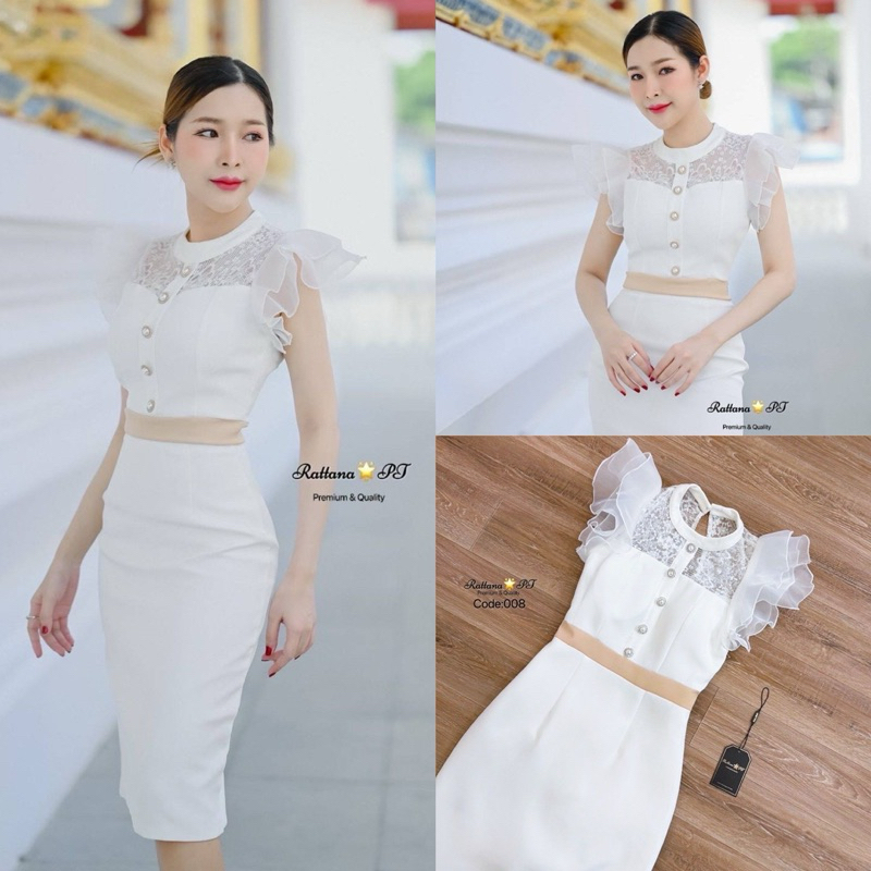 M11 งานป้าย Rattana Dress ชุดเดรสแขนระบายแต่งกระดุม สำหรับผู้หญิง เสื้อผ้าแฟชั่นผู้หญิง ไซส์ Xs-XL