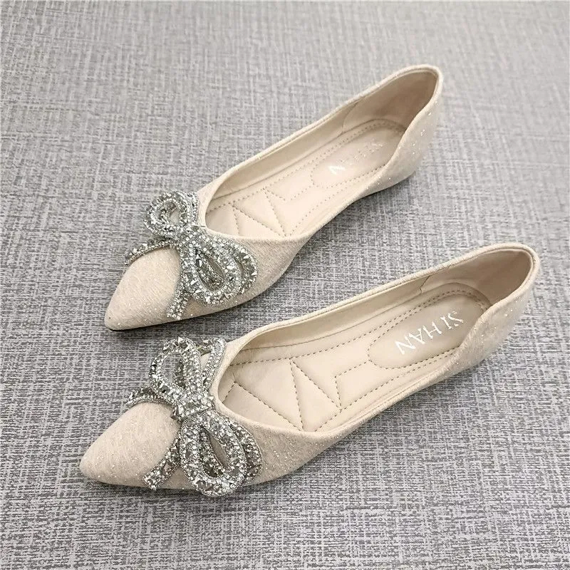 35-40 แฟชั่นรองเท้าแบนสไตล์ตะวันตกย้อนยุคหวาน rhinestone โบว์สแควร์ toe รองเท้าลื่นผู้หญิงแบนรองเท้า