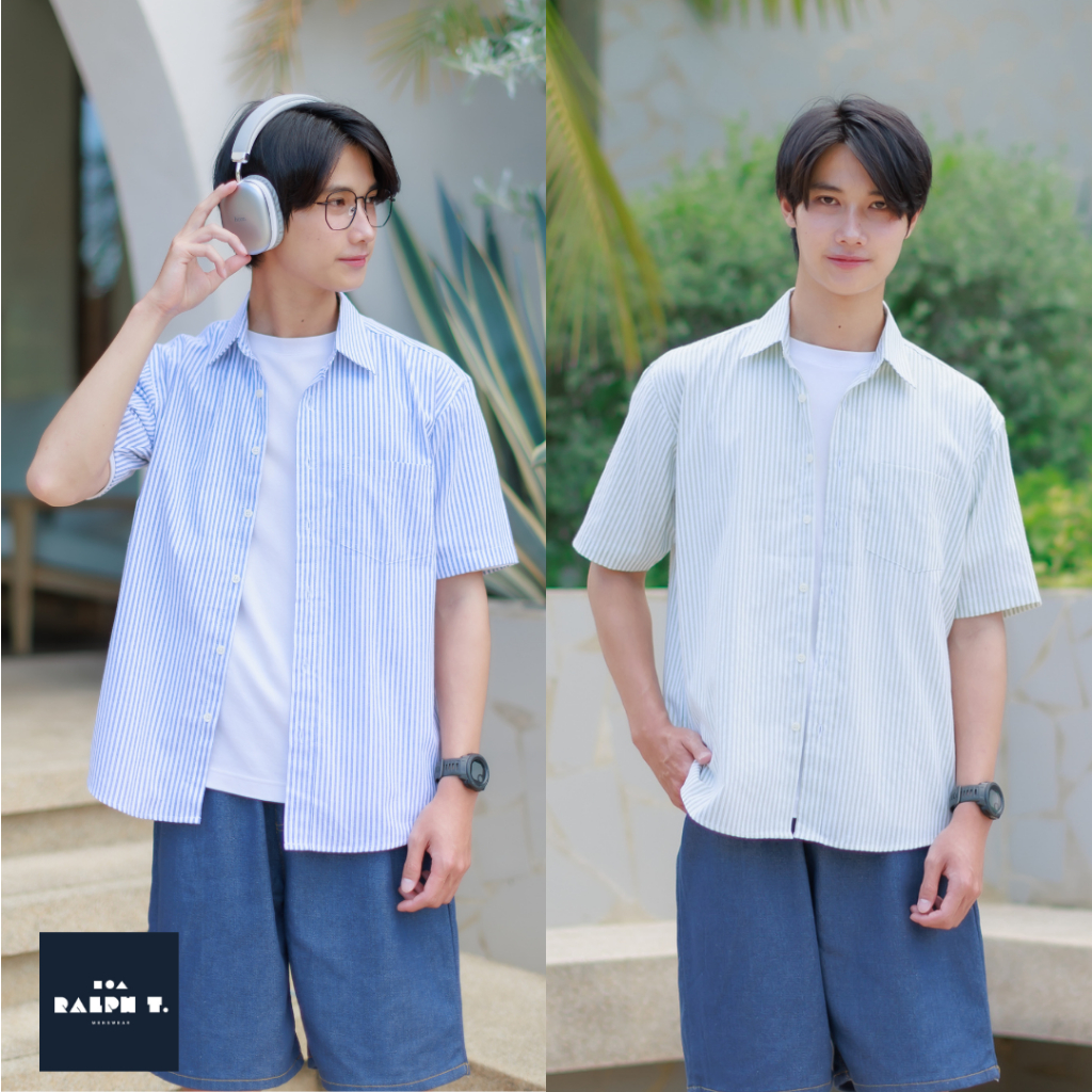 เสื้อเชิ้ตแขนสั้น เสื้อเชิ้ตริ้ว ผ้าค้อตต้อน - RALPH T OFFICIAL เสื้อเชิ้ต
