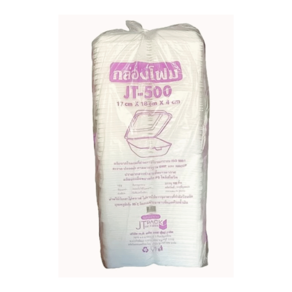 กล่องโฟม JT-500 โฟม500นาด 17 ซม. × 18 ซม. × 4 ซม. โฟมใส่อาหาร บรรจุ 100 ใบ / แถว