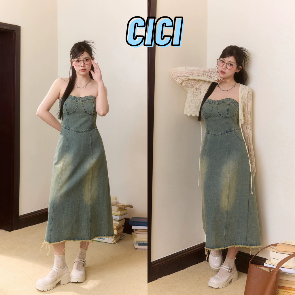 Cici(NO.1548)ชุดเดรสเกาะอก กระโปรงยีนส์ ทรงสลิมฟิต เก็บเอว สไตล์เกาหลี
