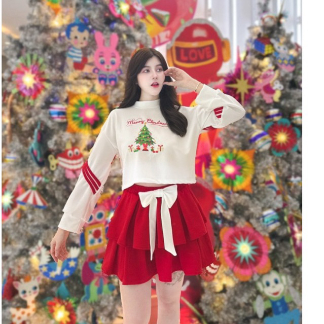 Hello Christmas ชุดเชตคริสต์มาส กระโปรง2ชั้น ฟูๆน่ารัก สกรีนแมรี่คริสต์มาส สาวชุดสีแดง ชุดสีเขียวต้องมี !! Set Christmas