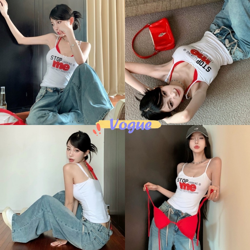 Vogue พร้อมส่ง เสื้อสายเดี่ยว+ชุดชั้นใน สายเดี่ยว สีพื้นลายสกีนตัว อักษร เซ็กซี่ (FYS1260)