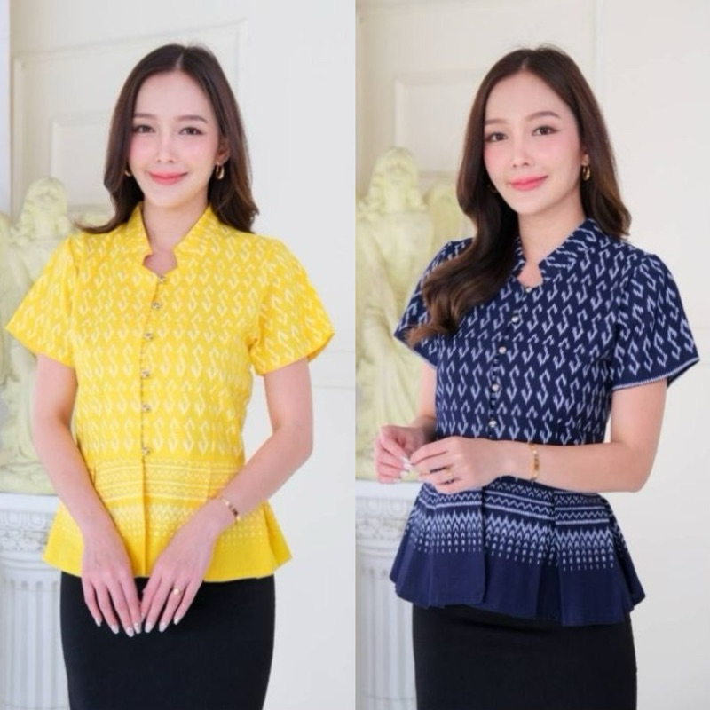 เสื้อผ้าฝ้ายลายขอพระราชทาน คอจีน ระบายชายจีบทวิต