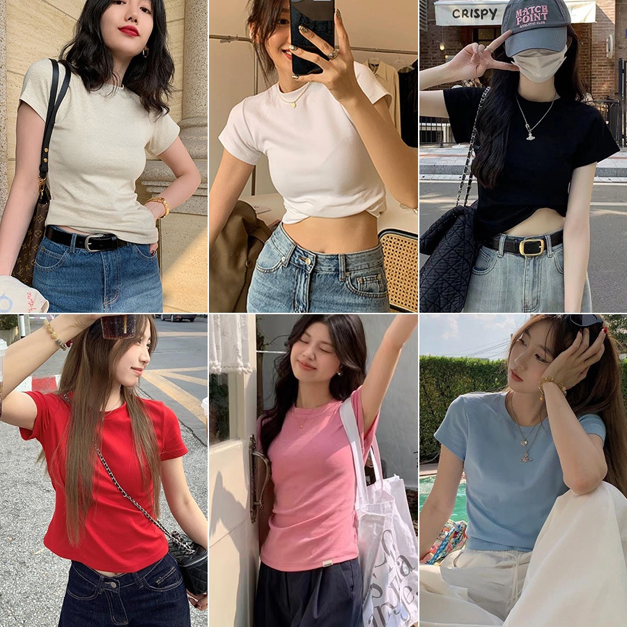 🚚พร้อมส่งจากกทม🌼เสื้อยืดผู้หญิง/เสื้อยืดสีขาว เสื้อครอป ทรงสลิมฟิต แขนสั้นรอบคอ สําหรับผู้หญิง #F006(หลากสี)