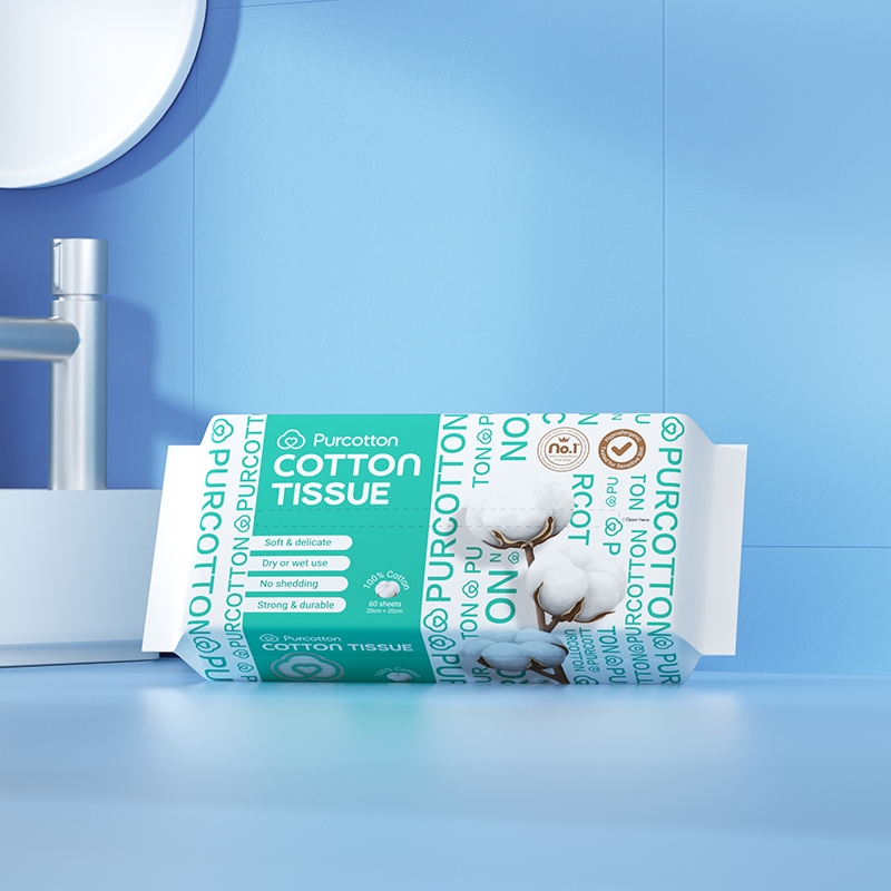 Purcotton Tissue ทิชชูผ้าฝ้าย 45กรัม บรรจุ 60แผ่น ( 20×20 ซม. ) ราคา ถูกที่สุด ดีลบีเคเค แกลเลอรีภาพที่ 2