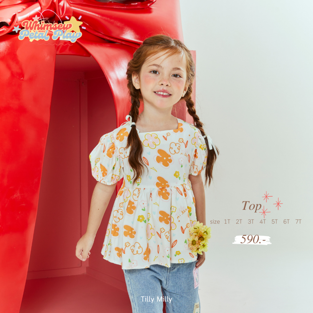 Tilly Milly เสื้อเด็กผู้หญิงแขนตุ๊กตาลายดอกไม้ส้ม Whimsey petal play collection