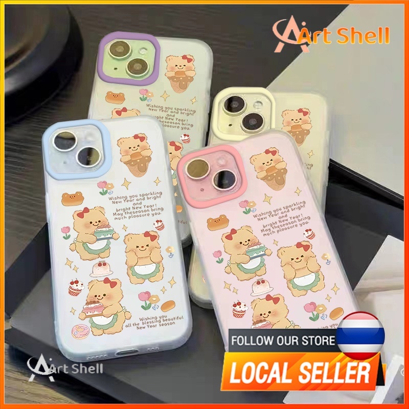 กรอบเลนส์สีม่วง เคสไอโฟน 15 14 pro max 12 13 pro max 11 13 16 pro max เคส เคสโทรศัพท์ เคสใส iphone เคสไอโฟนxr เค้กเนยหมี