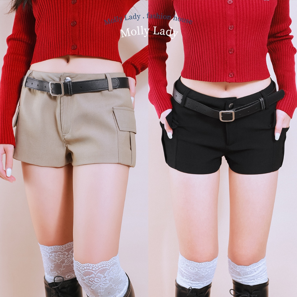Molly Lady Cargo Shorts กางเกงขาสั้นเอวต่ำ สไตล์เกาหลี แมทช์ง่าย พร้อมเข็มขัด