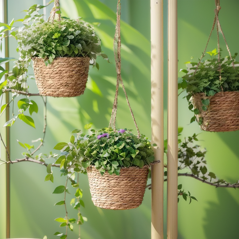 กระถางดอกไม้แขวนจากหญ้าทะเลธรรมชาติ ตะกร้าแขวนต้นไม้สำหรับระเบียงสวน สไตล์โบฮีเมียน กระถางดอกไม้ตกแต่ง