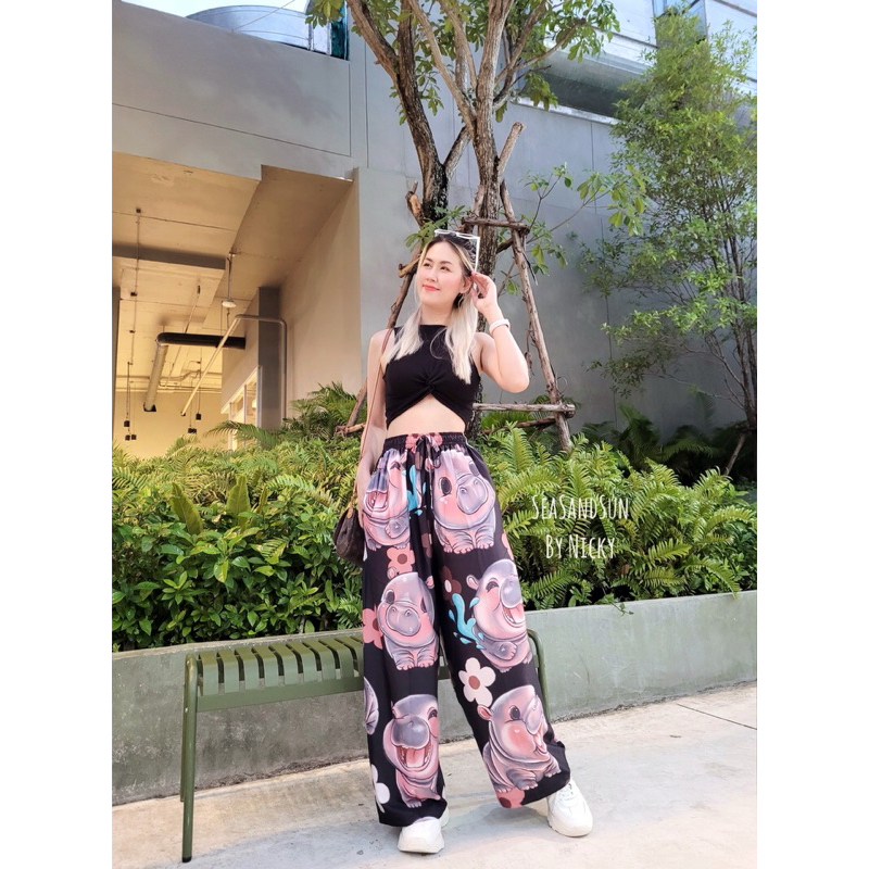 กางเกงลาย Babyhippo(Black) ลาย Limited SeaSandSun By Nicky ผ้าไหมอิตาลี100D ใส่ได้ช-ญใส่สบายม๊าก คัตติ้งเนี๊ยบ