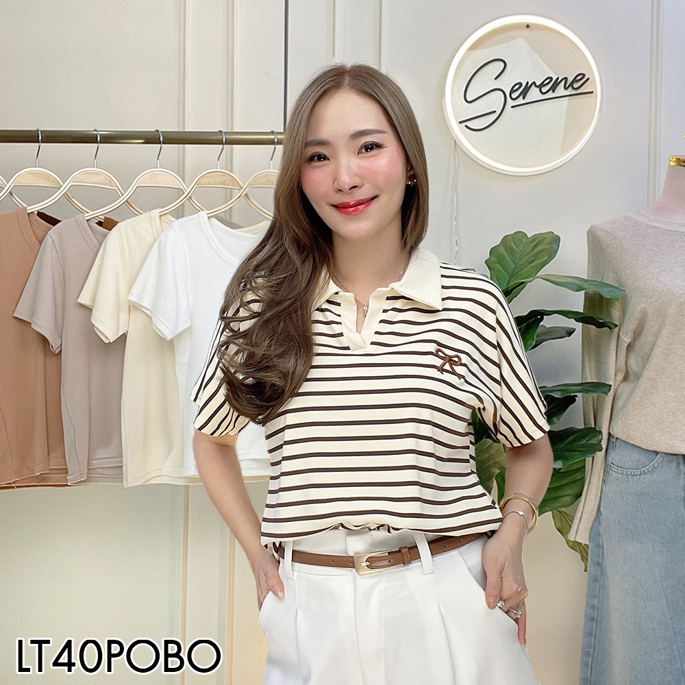 Serene's Choice เสื้อลายทางโปโลแขนสั้น ปักลายโบว์ Bow Tie Embroidered Striped Polo Shirt