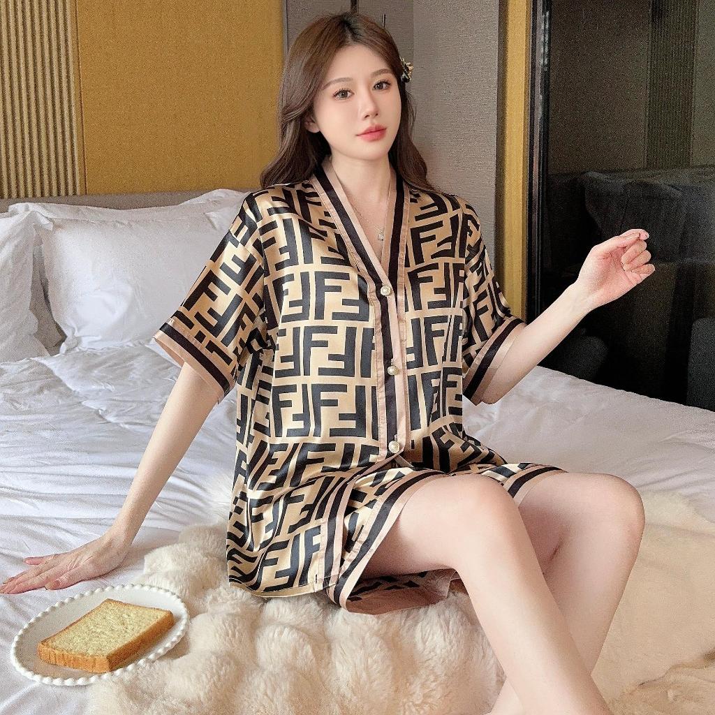 Molly สง่างาม M-2XL ชุดนอนคอวีแขนสั้นชุดนอนผ้าไหม สําหรับผู้หญิงฤดูร้อน