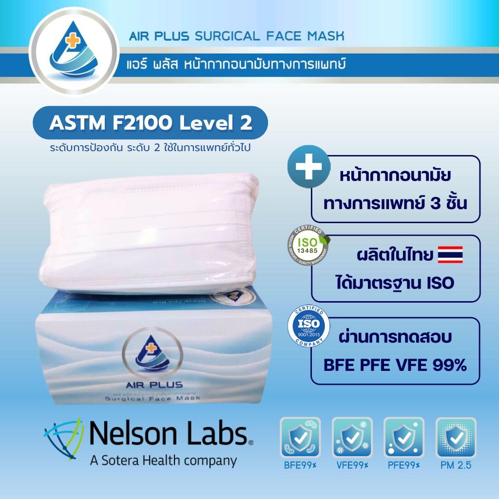 Air Mask(สีขาว) มีอย. BFE PFE VFE 99% AIR PLUS MASK หน้ากากอนามัยทางการแพทย์ หนา 3 ชั้น - 1 กล่อง