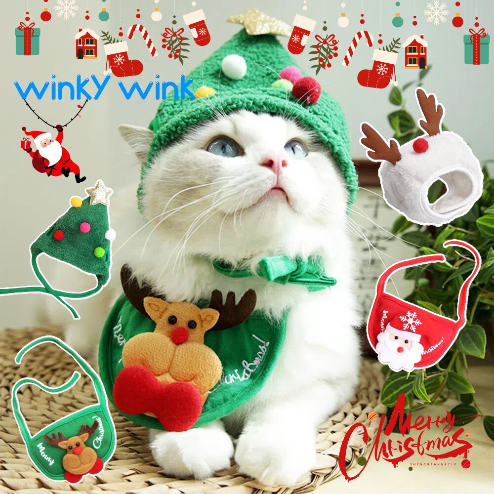 Winky Wink🎄ผ้ากันเปื้อนสุนัข ชุดสัตว์เลี้ยง ปลอกคอแฟนซี เสื้อผ้าสัตว์เลี้ยง หมวกคริสต์มาส สำหรับสัตว์เลี้ยง คริสต์มาส