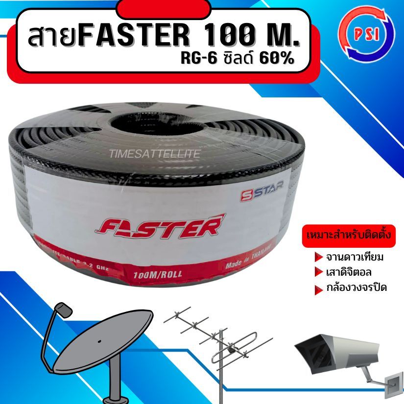สาย Faster SStar RG-6U 100 เมตร ชีลล์ 60% (มีให้เลือก สีดำและสีขาว)