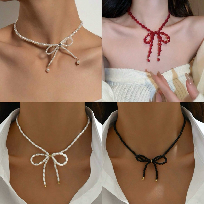 พร้อมส่ง โชคเกอร์สร้อยคอสุดหรู โชคเกอร์ลูกปัดแต่งโบว์ โชคเกอร์ไข่มุก สร้อยคอ
