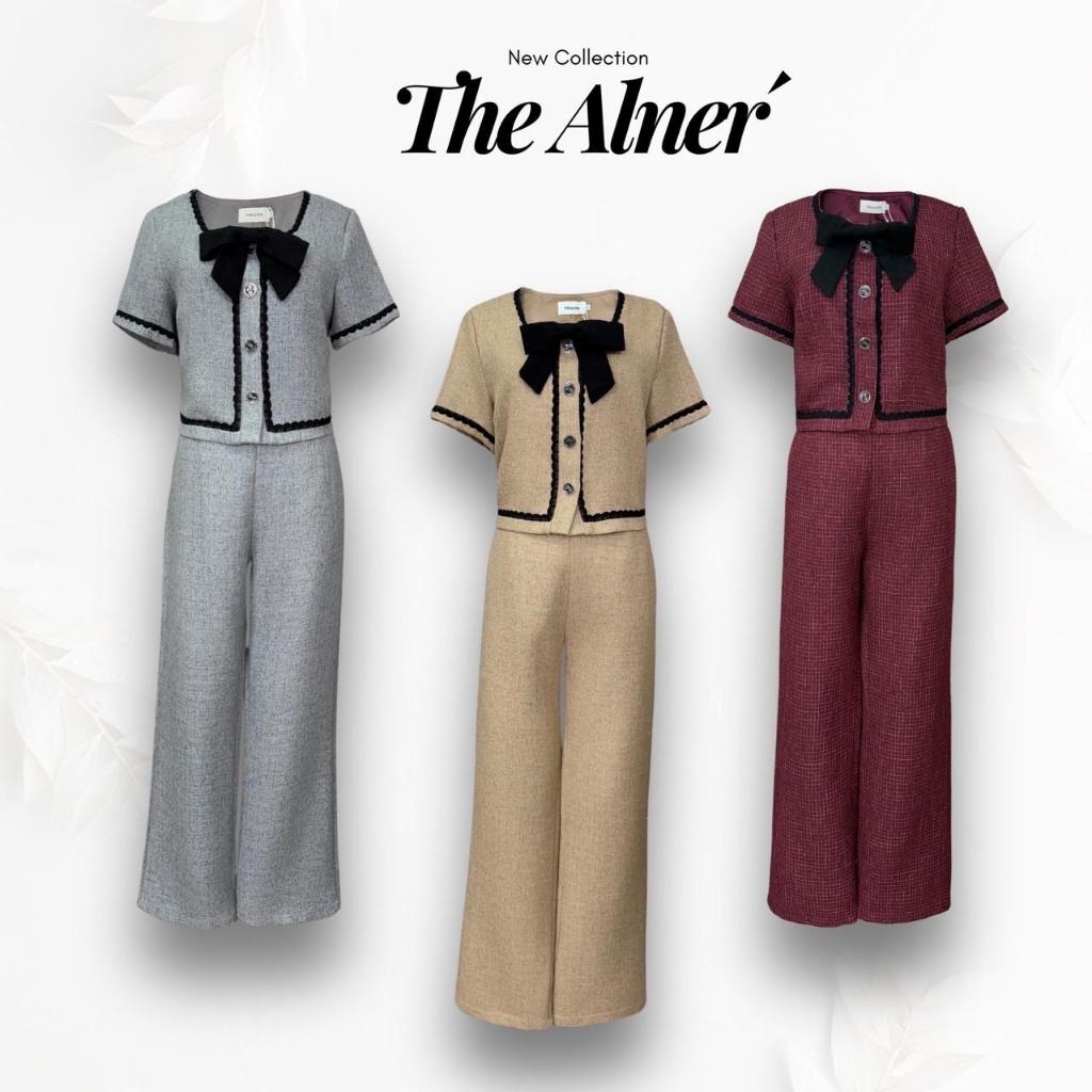 AN689 เซตเสื้อทวิตขอบลูกไม้ดำแต่งโบว์กางเกงขายาว The Alner Women Clothing Lady ผู้หญิง