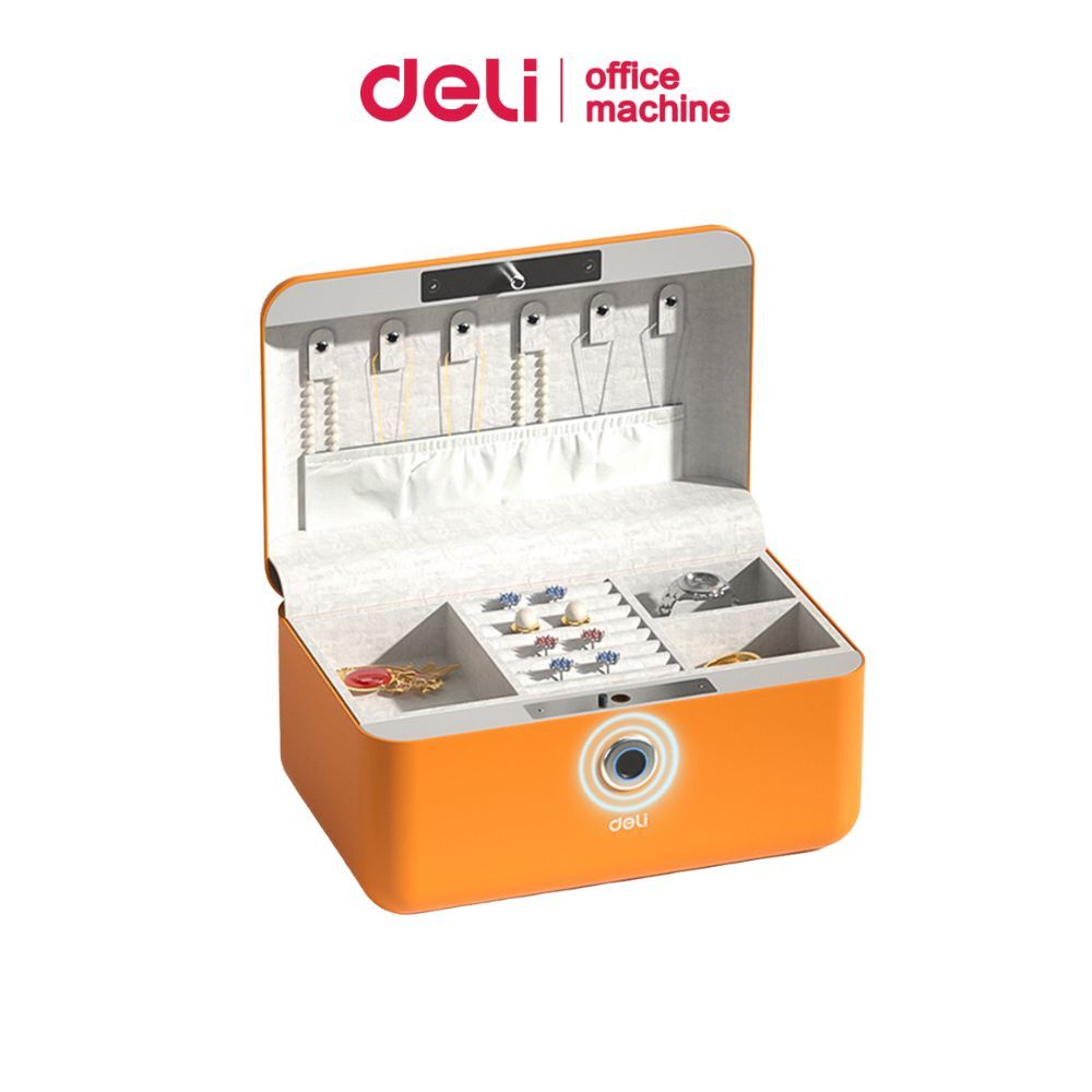 Deli กล่องเซฟ เซฟหูหิ้ว กล่องเก็บเครื่องประดับ ผ้ากำมะหยี่ มี2ชั้น ระบบแสกนลายนิ้วมือ ขนาดเล็ก ดีไซน์เรียบหรู Safe Box