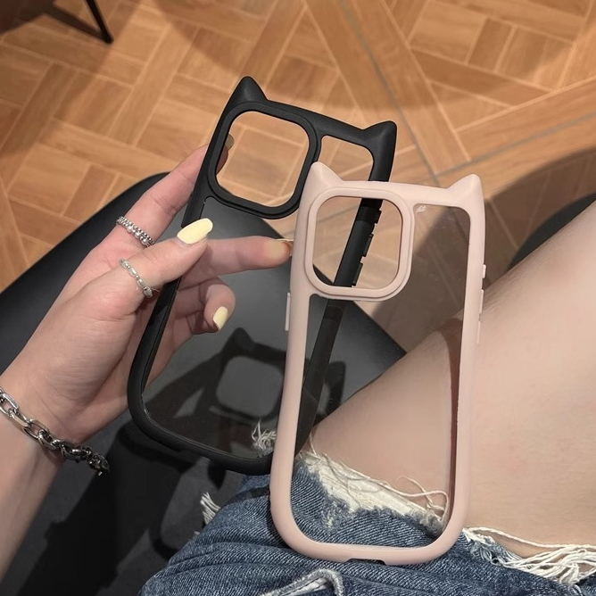 เคสซิลิโคนกันกระแทกอะคริลิกสำหรับ iPhone 11 13 14 12 15 Pro Max X XS Max XR หูแมวน่ารัก