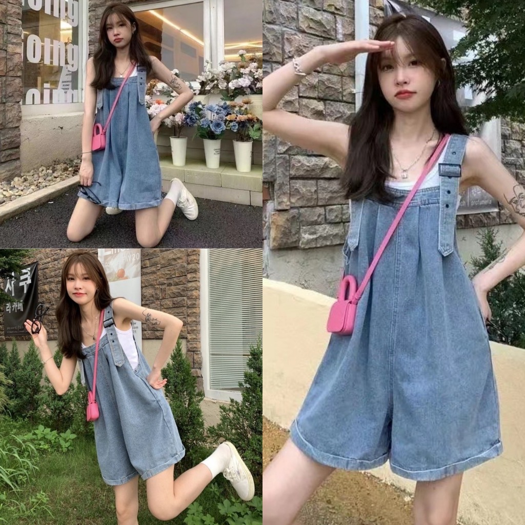 🌸เอี๊ยมยีนส์ขาสั้น🌸เอี๊ยมกางเกง ชุดเอี๊ยม สวมใส่สบาย ขากว้างทรงหลวมน่ารัก พร้อมส่งจาก กทม