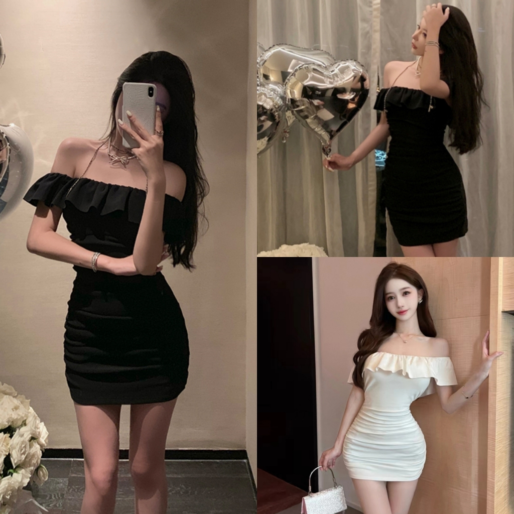 Beryl สไตล์เกาหลี หวาน เซ็กซี่ กระโปรงฮิป สีดำ ระบาย เปิดไหล่ เดรส เสื้อผ้าผู้หญิง