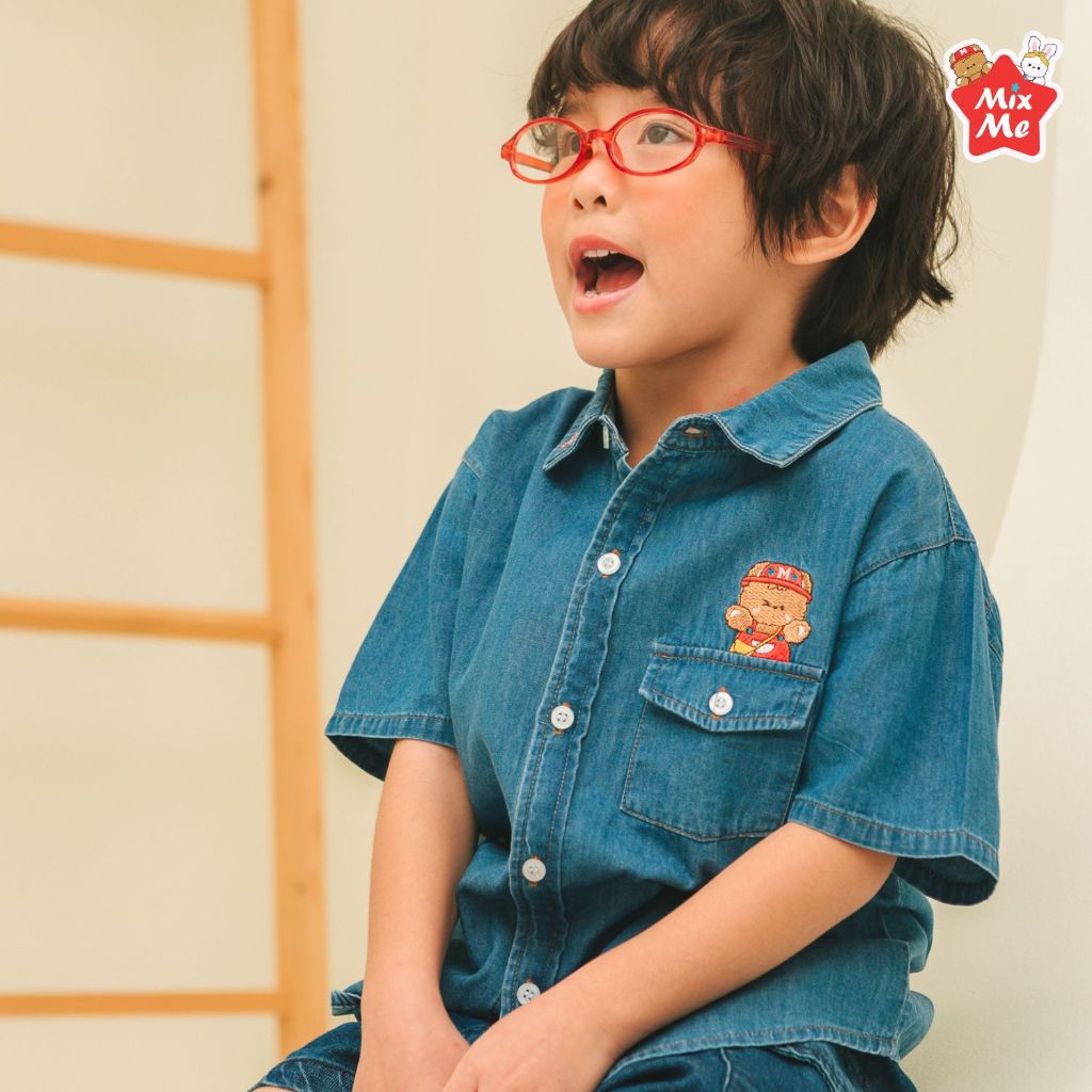 Mix Me เสื้อเชิ้ตยีนส์  แขนสั้น ลายหมี ผ้าเดนิม นิ่ม เด็กชาย อายุ 1-7 ปี เสื้อผ้าเด็ก รุ่น 400357