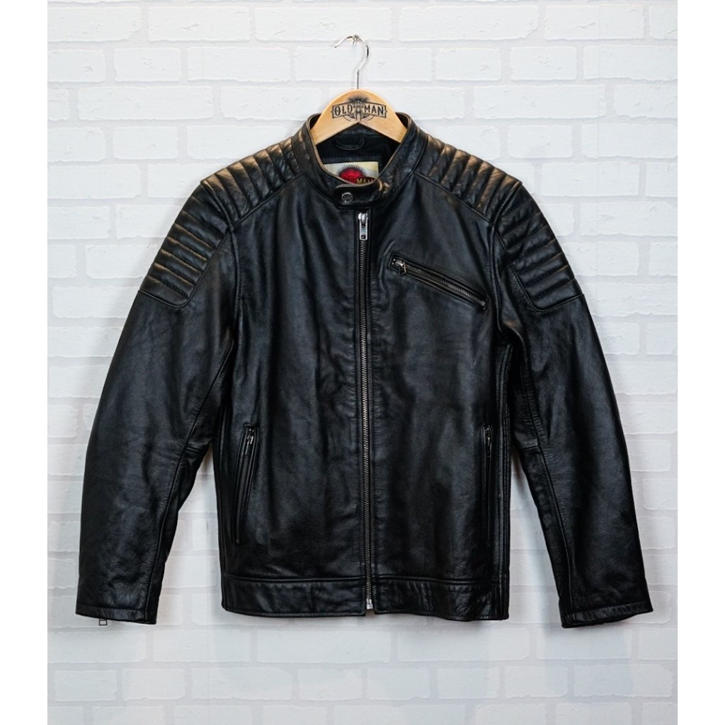 เสื้อหนังแท้ เสื้อแจ็คเก็ตหนังแท้ เสือหนังขี่มอเตอร์ไซค์ รุ่น Red Moon Jacket สีดำ แบรนด์ Oldman แท้