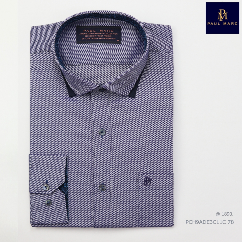 PAUL MARC เสื้อเชิ้ตสีกรมท่า ผ้าdobby ปกSignature button down ผ้านุ่มรีดง่ายยับยาก PCH9AD3C11C