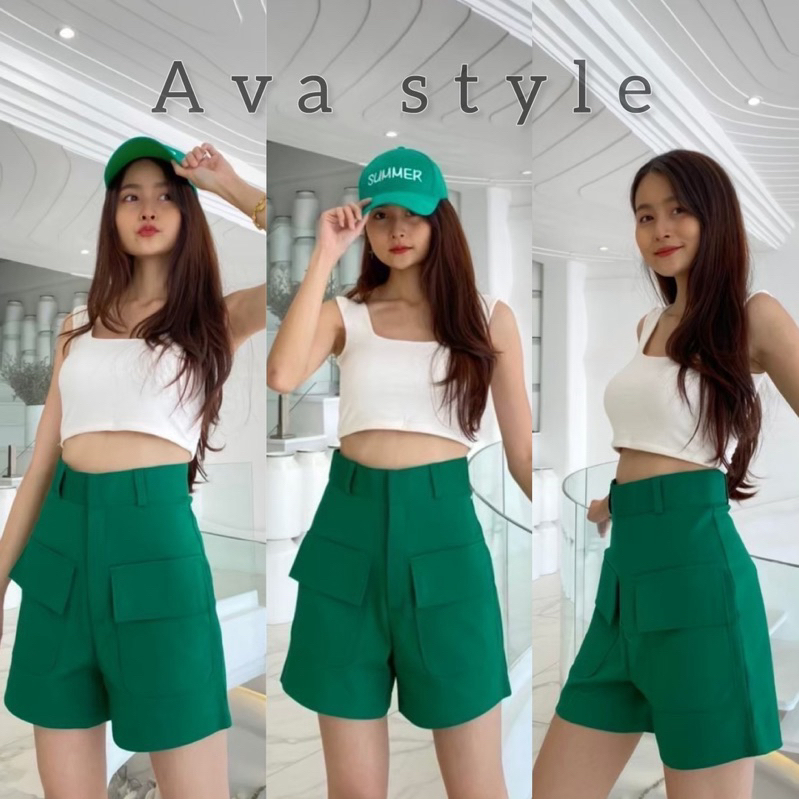 🎄เขียวเหนี่ยวทรัพย์🎄🌲 กางเกงเอวสูงขาสั้นผ้าดับเบิ้ลZara สีเขียวChristmas🌲🎄