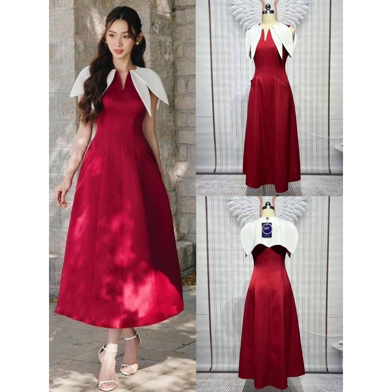 (s,L,2xl) เดรสยาว คอปก สีแดง งานป้าย chalita