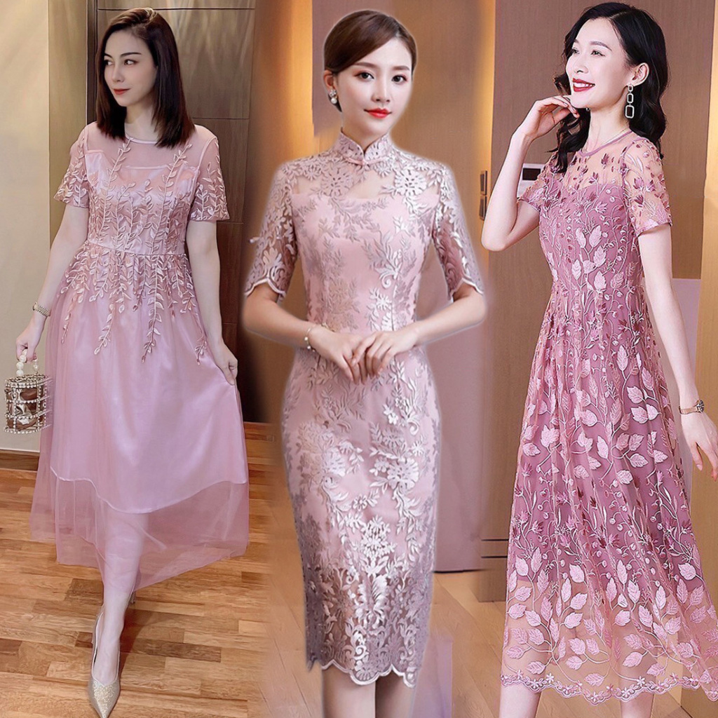 ชุดเดรสลูกไม้โทนสีชมพูกะปิ,ชมพูโรสโกล M-XXL