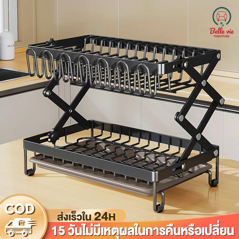 [ติดตั้งภายใน1วินาที]ชั้นวางจานชามแบบพับได้ พร้อมถาดรองน้ำ ชั้นวางของในห้องครัว ที่ค่ำจาน ชั้นเก็บถ้วยจาน พร้อมที่วางแก้