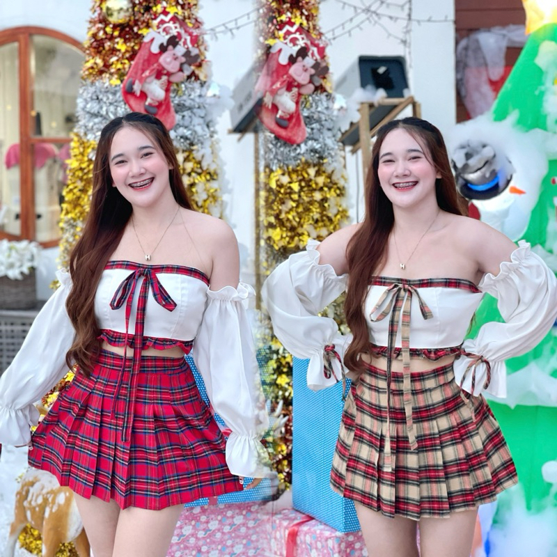 เซทเปิดไหล่+กระโปรงสีแดง merry Christmas