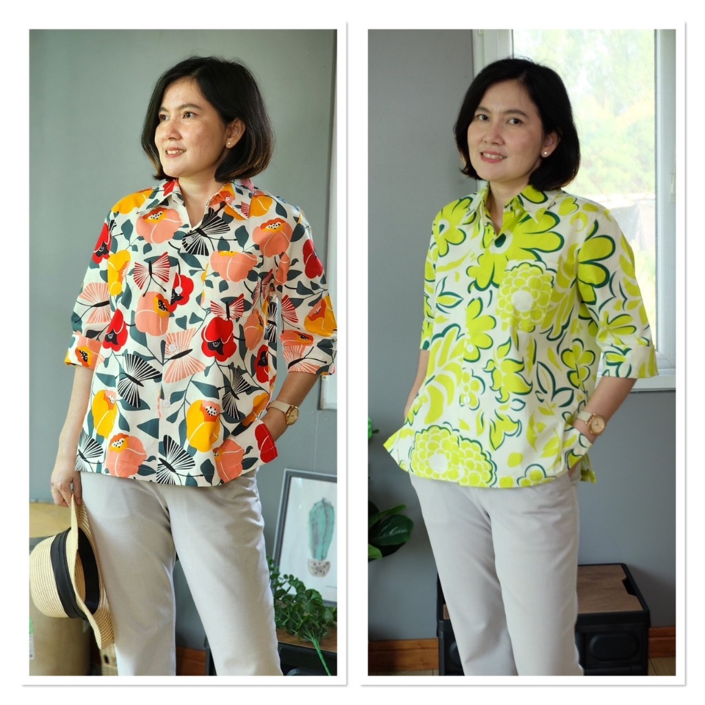 Tissara Boutique ทิศราเสื้อเชิ้ตผู้หญิง แขนสามส่วน เอวตรง ผ้าคอตตอน 100% ลายดอกสดใส
