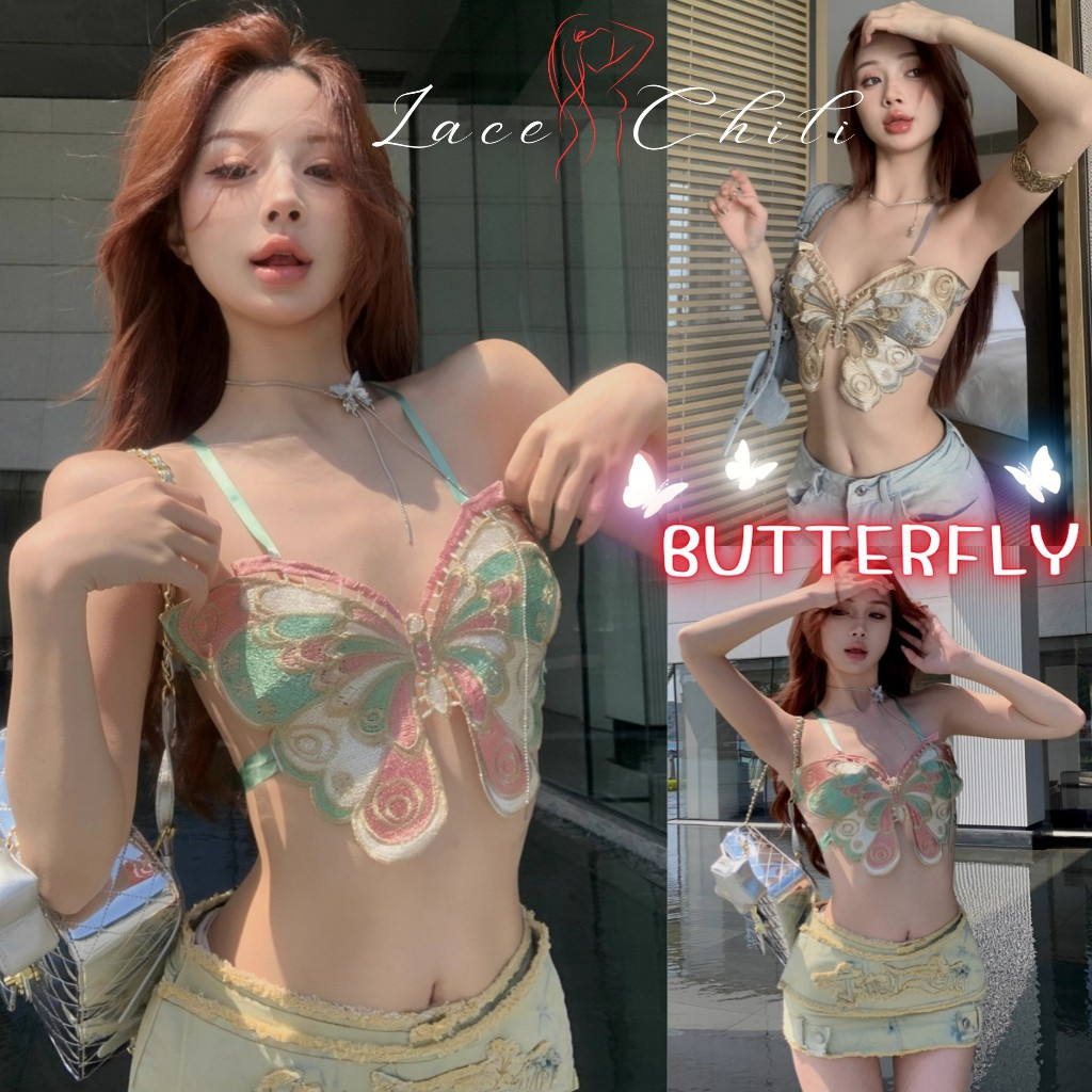 LACE CHILI เสื้อยั่วแฟน สายเดี่ยวเซ็กซี่ สายเดี่ยวน่ารัก เสื้อลายผีเสื้อ เสื้อใส่ไปเที่ยว L-634