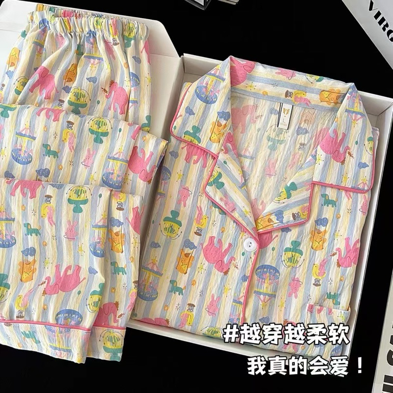 ชุดนอนผู้หญิง ลายน่ารัก สไตล์เกาหลี ผ้าฝ้าย นุ่ม เบา ใส่สลาบ ไม่เป็ยขุย ขนาดฟรีไซส์
