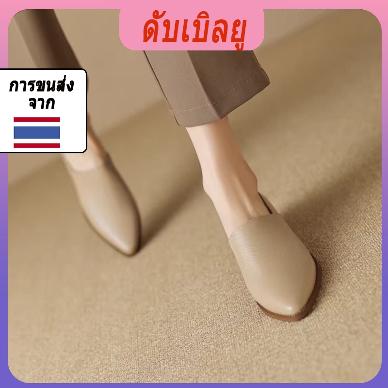 รองเท้าส้นสูงทรงหัวแหลมหนังแบบย้อนยุคสำหรับผู้หญิงรุ่นใหม่