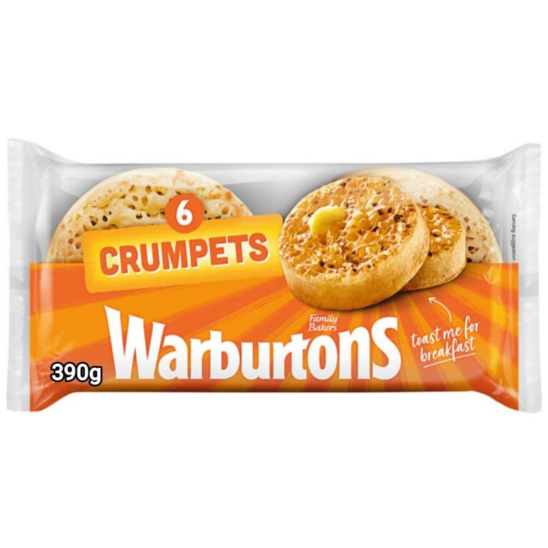 Warburton Crumpet's 6 pieces 390g - ขนมปังปิ้ง,ขนมปังทาแยม,ขนมปังเหนียวหนึบเนื้อแน่น 6 ชิ้นในเเพ็ก ขนาด 390ก. จากอังกฤษ
