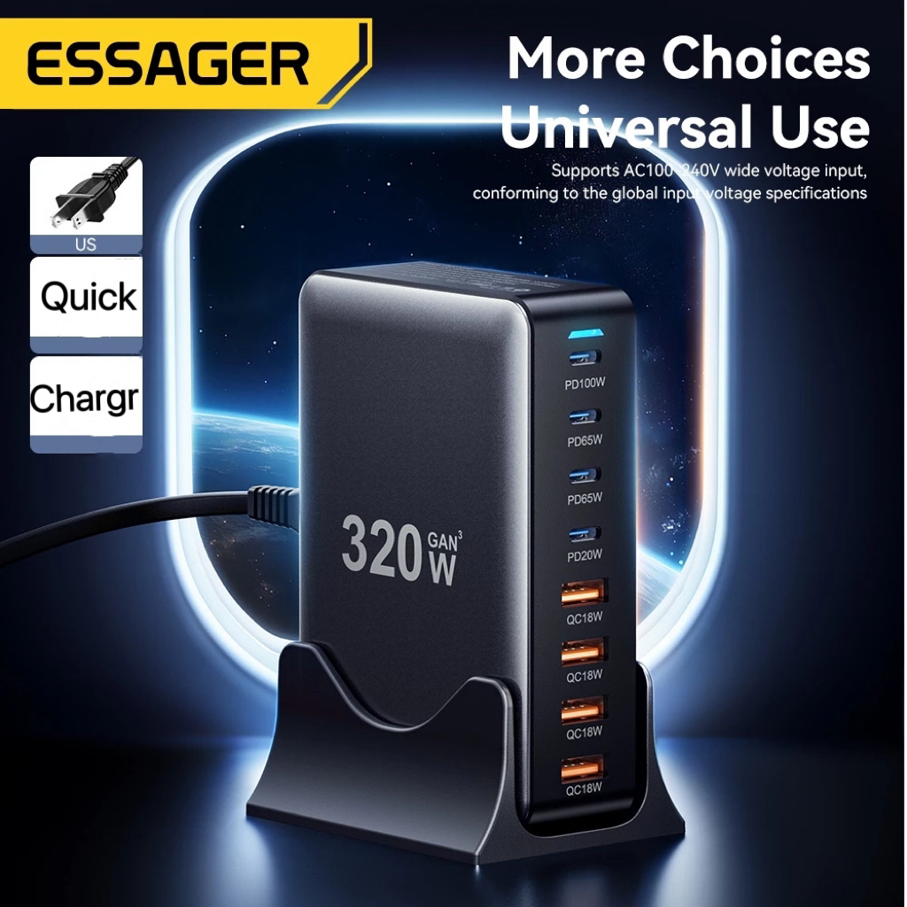 ESSAGER Quick Charge 320W สมาร์ท USB+Type-c  8Port Fast Charging Station โทรศัพท์มือถือ USB charger รูปที่ 8