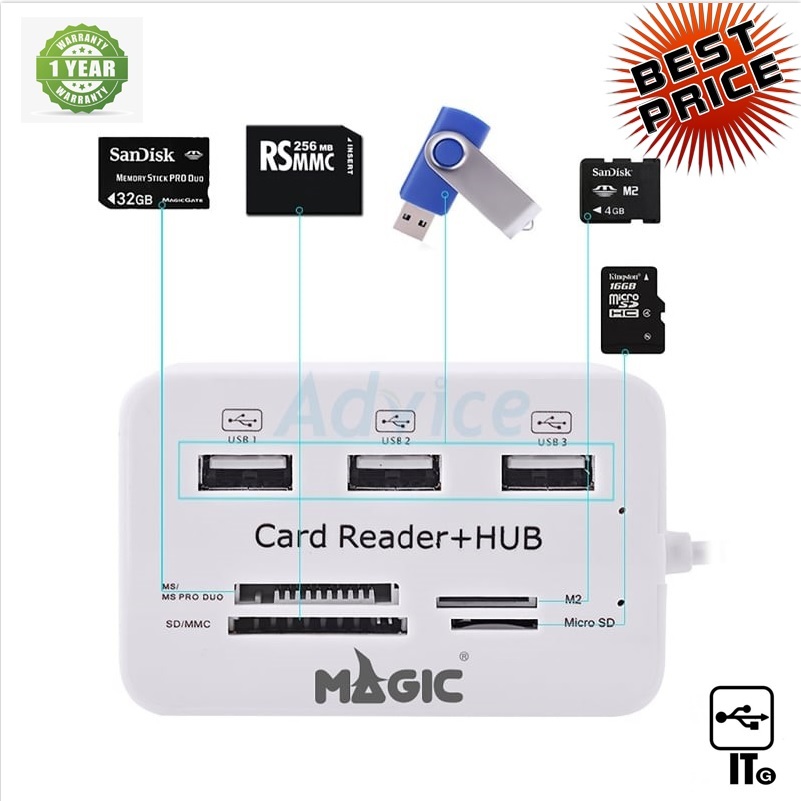 3 Port USB HUB v2.0 + Card Reader MAGICTECH MT-02 (White) ประกัน 1Y