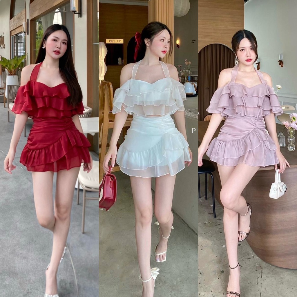 พร้อมส่ง Pimala ชุดใบเฟิร์น ทองประกายแสด เสื้อระบาย กระโปรงใส่ไปทะเล ออกเดท ปาร์ตี้ สีขาว สีแดง