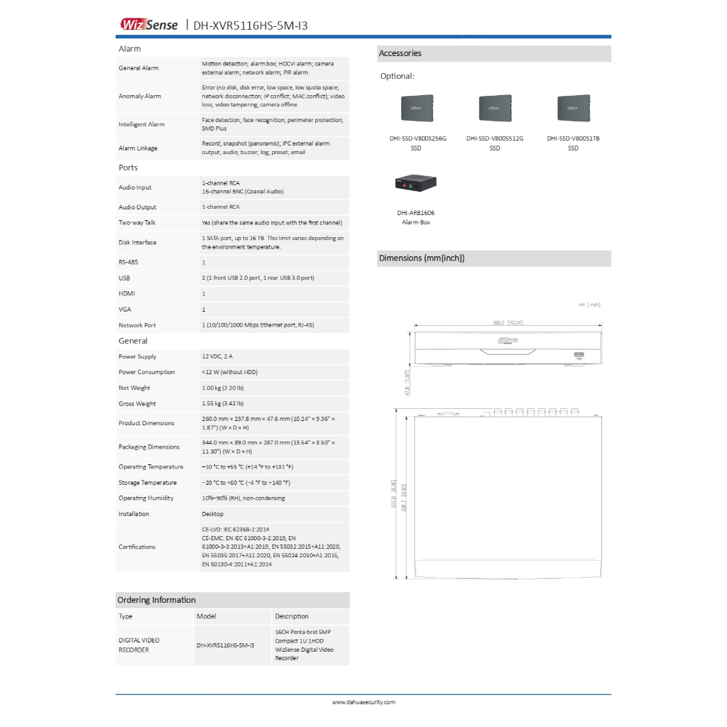 DAHUA เครื่องบันทึกภาพกล้องวงจรปิด 16CH 5MP รุ่น XVR5116HS-5M-I3
