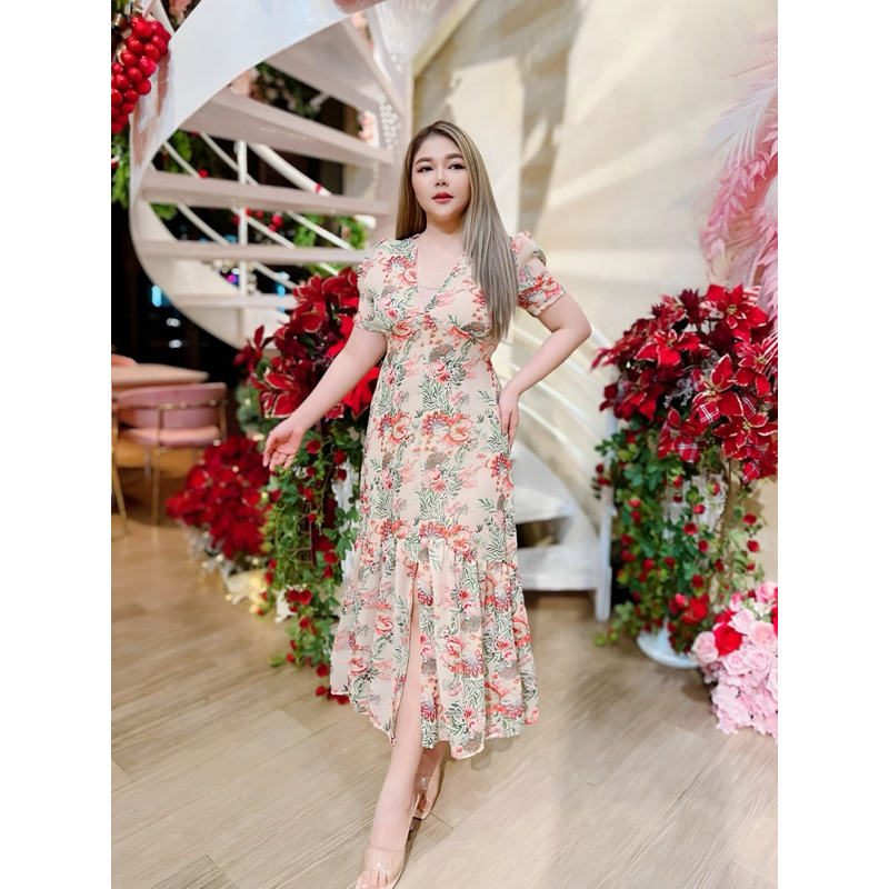 Recommend เดรสยาวหางปลาสลิมเมอเมทลายดอกไม้ใส่แล้วหุ่นสับมาก#Maisie Shop
